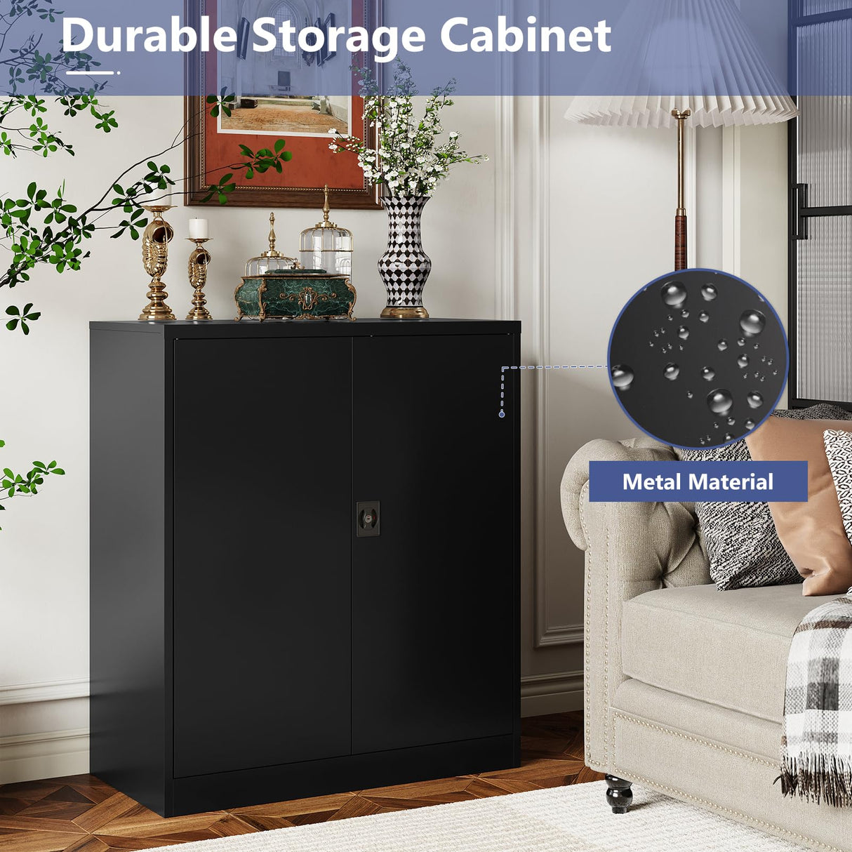 LISSIMO Metal Garage Storage Cabinet,Black Cabinet with Doors and Adjustbale Shelves,Lockable Tool Cabinet for Home Office and School Assembly Required LISSIMO