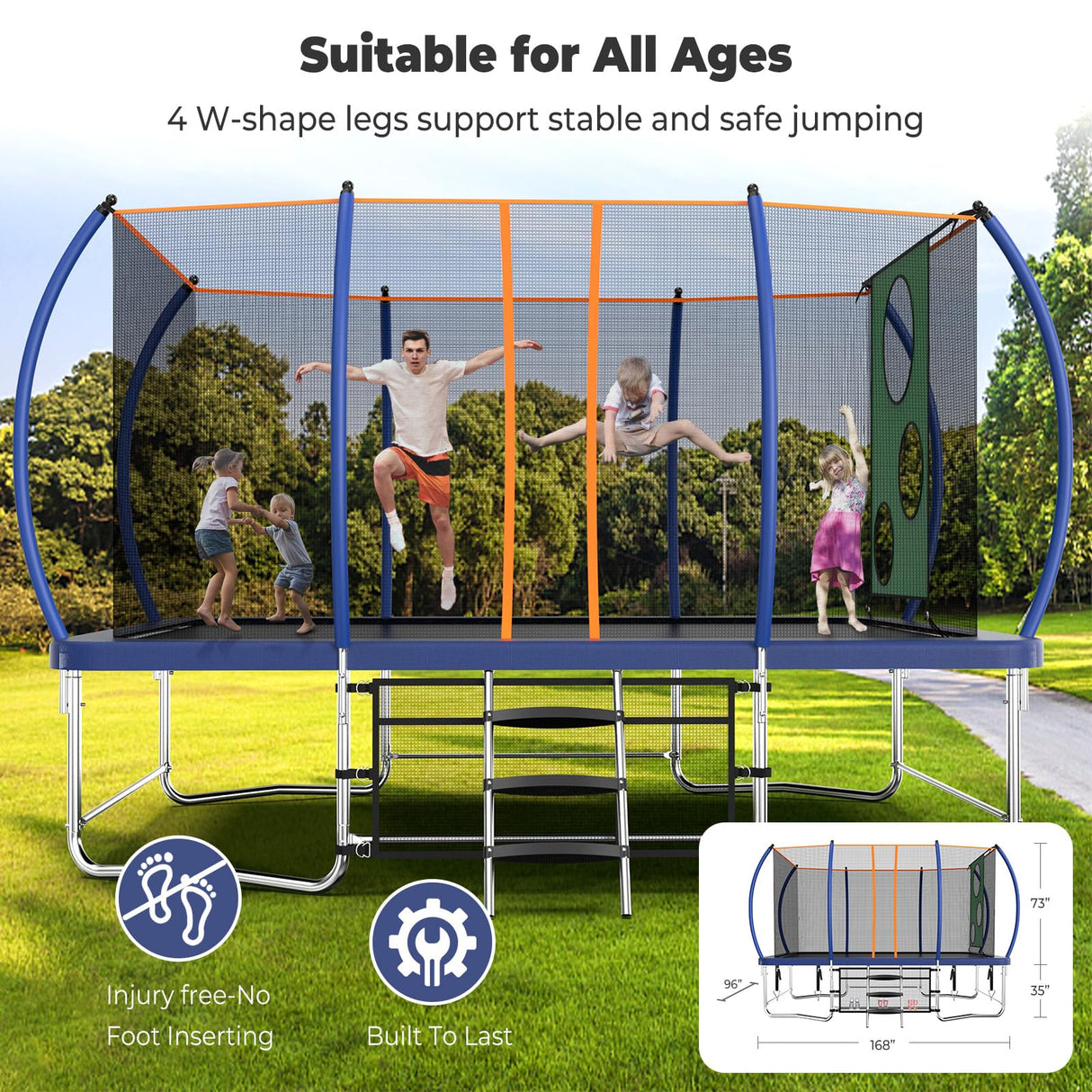 Lyromix 14FT Outdoor Rectangle Trampoline for Kids and Adults, Rectangular Trampoline with Curved Poles, Pumpkin Trampolin with Light, Sprinkler, Soccer and Storage Bag Lyromix
