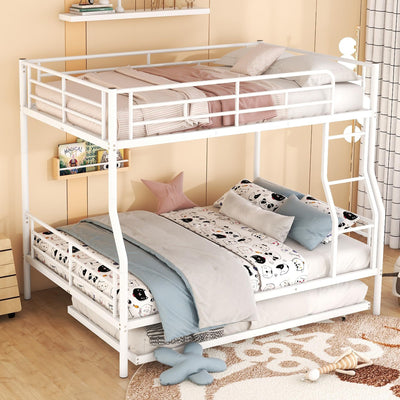 Full XL Over Queen Metal Bunk Bed with Trundle Heavy Duty Beds Frame Convertible Bunkbed with Safety Guard Rails, White