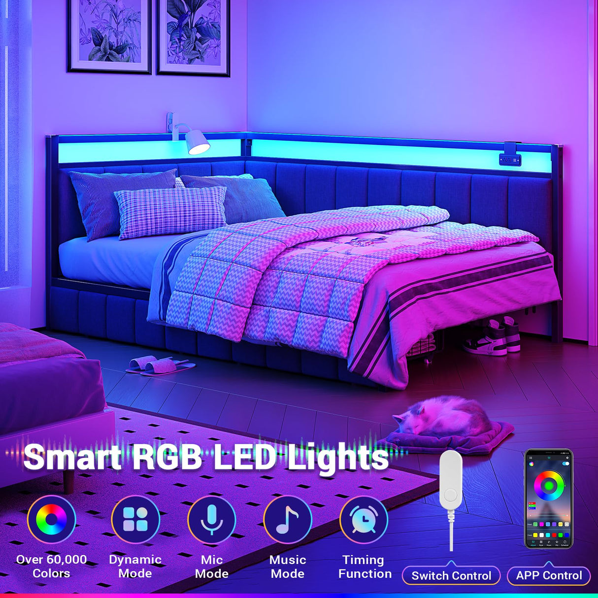 Hasuit Corner Bed Frame with Storage Drawers, Twin Daybed with Line Fabric Upholstered Fence, Kids Bed Unit with LED Light and Charging Station, Modern Bed Frame Twin Size, Gray Hasuit