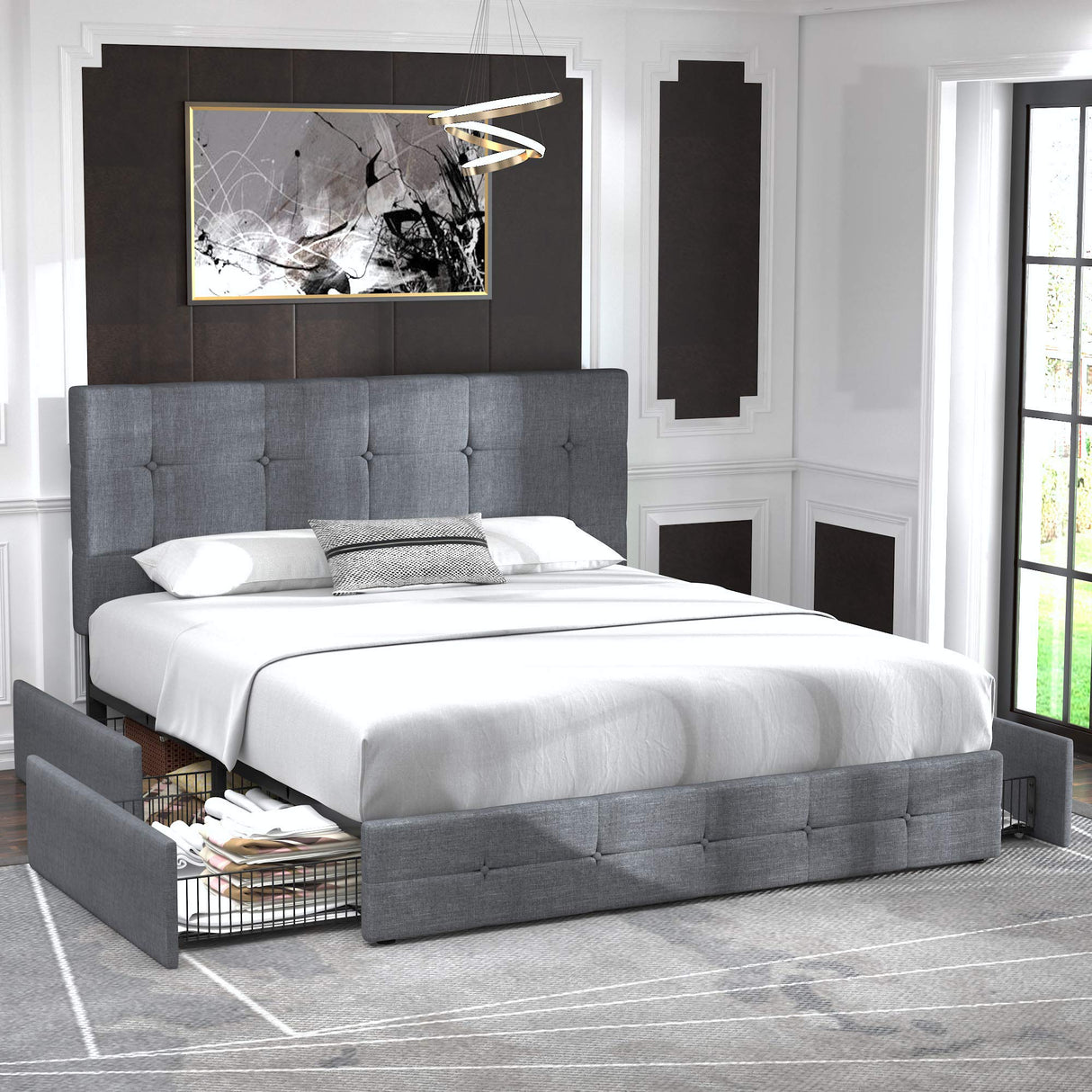 Allewie Upholstered Queen Size Platform Bed Frame with 4 Storage Drawers and Headboard, Square Stitched Button Tufted, Mattress Foundation with Wooden Slats Support, No Box Spring Needed, Light Grey Allewie