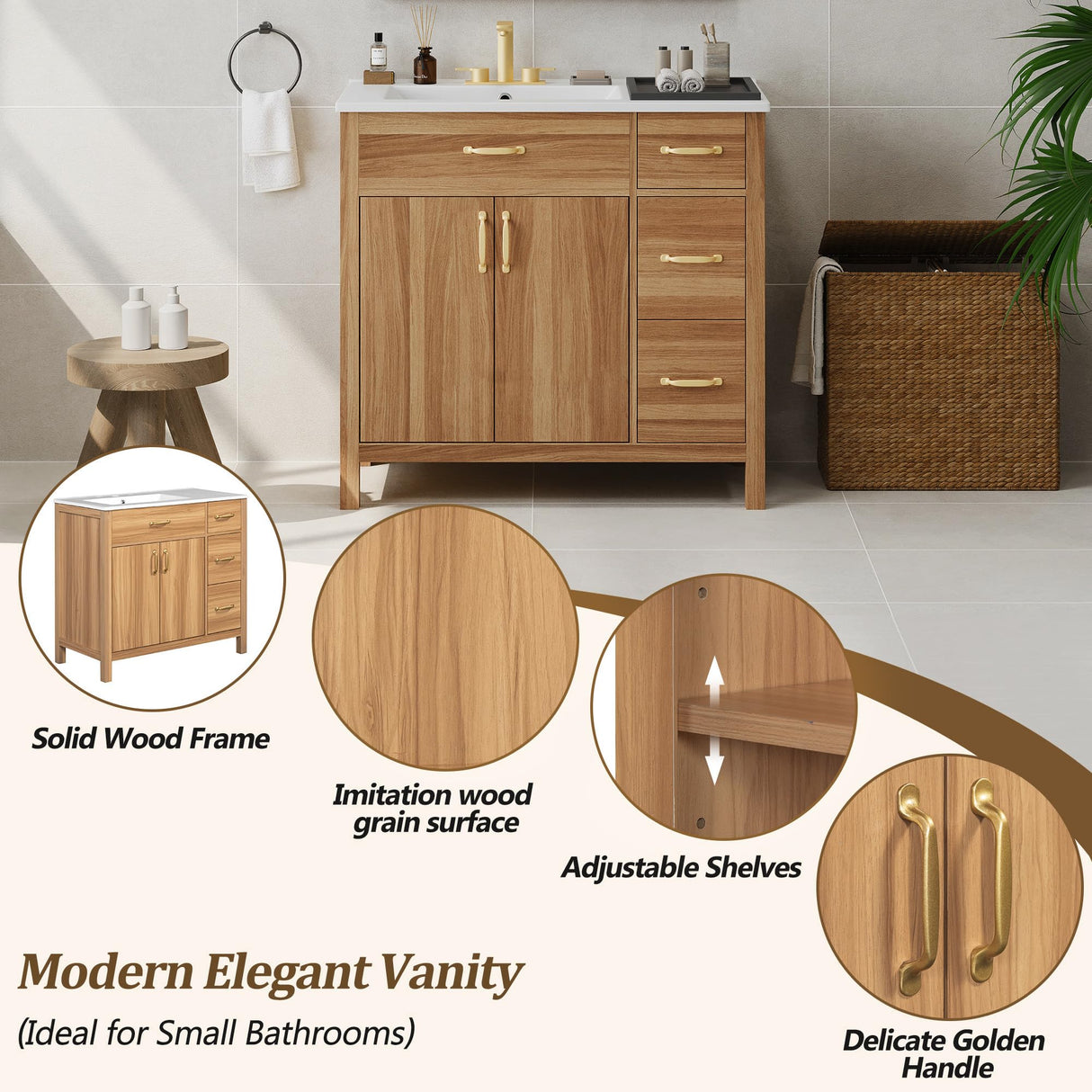 ENSHUI 36" Bathroom Vanity with Sink, 36 inch Bathroom Vanity with Ample Storage, Modern Solid Wood Cabinet with Soft-Close Doors, Easy Assembly, 36 Wood ENSHUI
