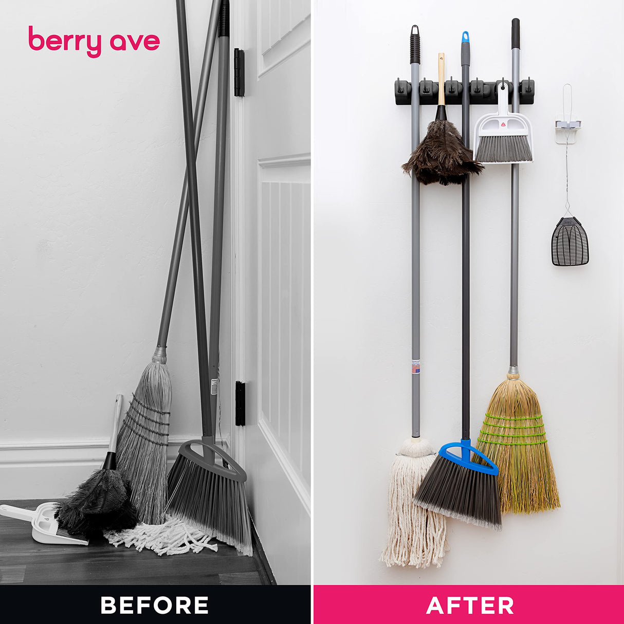 Berry Ave Broom Holder & Wall Mount Garden Tool Organizer - Home Laundry Room, Kitchen, Closet, Shed, Garage Organization and Storage Utility Rack - 5 Slots & 6 Hooks -Rake, Shovel, Mop Hanger (Black) Berry Ave