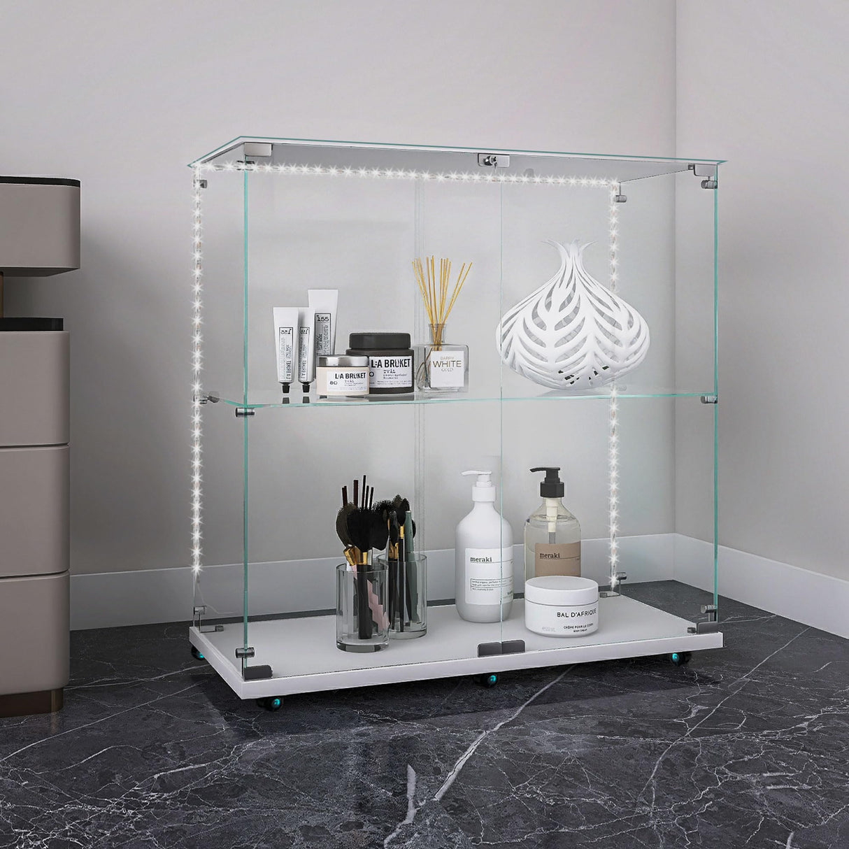 Glass Display Cabinet with LED Lights and Wheels,Rolling 2 Doors 2 Shelves Glass Top Curio Cabinet with Lock Modern 34.17" High Led Curio Display Cabinet Showcase for Living Room,Bedroom,White Henf