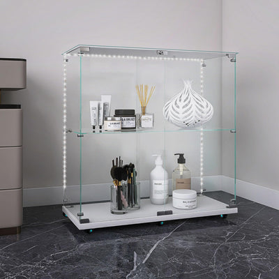 Glass Display Cabinet with LED Lights and Wheels,Rolling 2 Doors 2 Shelves Glass Top Curio Cabinet with Lock Modern 34.17" High Led Curio Display Cabinet Showcase for Living Room,Bedroom,White