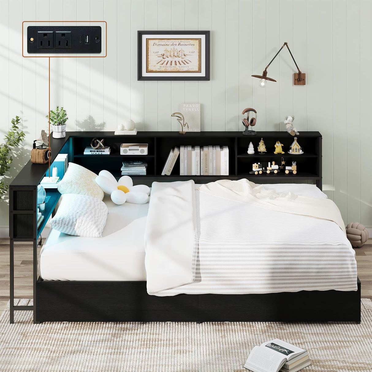 AILUNWALL Corner Bed Frame with Storage Drawers, Twin Size Metal Platform Bed Frames with LED Lights & Charging Station, Daybed with Bookcase for Living Room, Bedroom, Guest Room, Black AILUNWALL