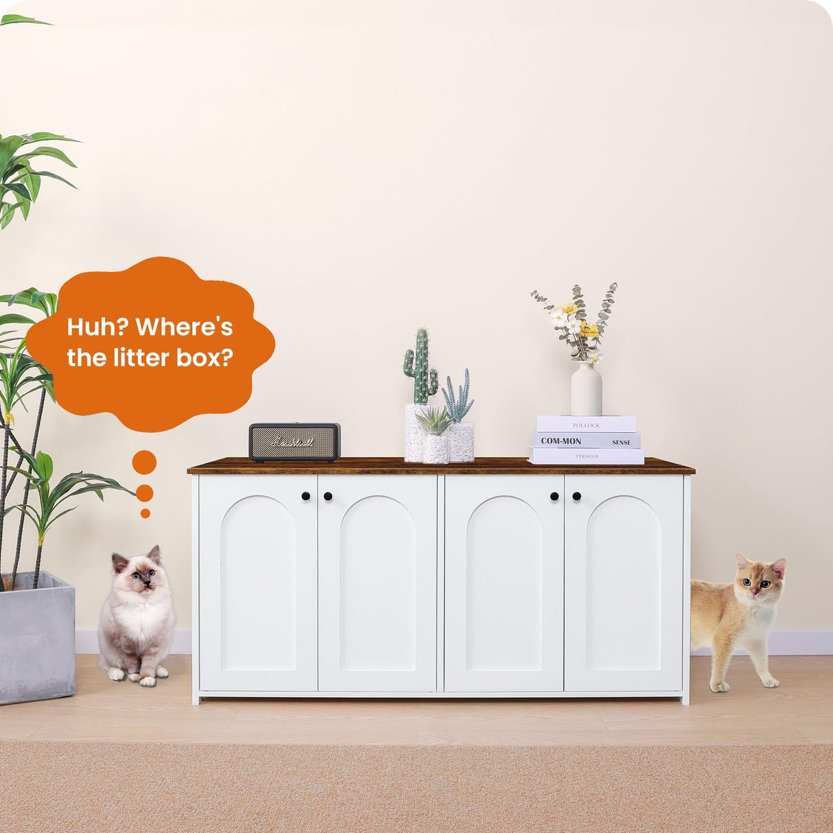 Dwanton Litter Box Enclosure for 2 Cats, Cat Litter Box Furniture Hidden with Double Rooms, Dual Cat Litter House, Large Wooden Cat House Indoor, TV Stand, Fit Most of Litter Box, White+Rustic Brown Dwanton