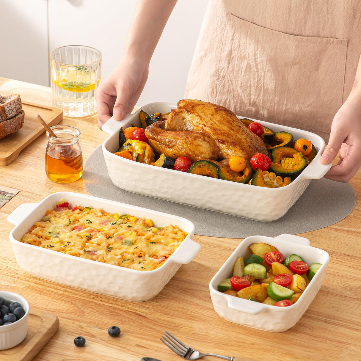 YUN TAO Casserole Dishes for Oven, Porcelain Baking Dishes, Ceramic Bakeware, Rectangular Lasagna Pans Deep with Handles for Baking Cake Kitchen,Cake Dinner,3-Piece (Set of 3, White) YUN TAO