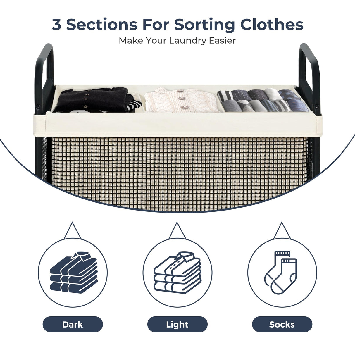 STO STO Laundry Hamper 3 Section, 120L Rolling Laundry Sorter Cart with Removable and Washable Liner Bag, Rolling Clothes Hamper with Metal Handle for Laundry Room and Bedroom STO STO