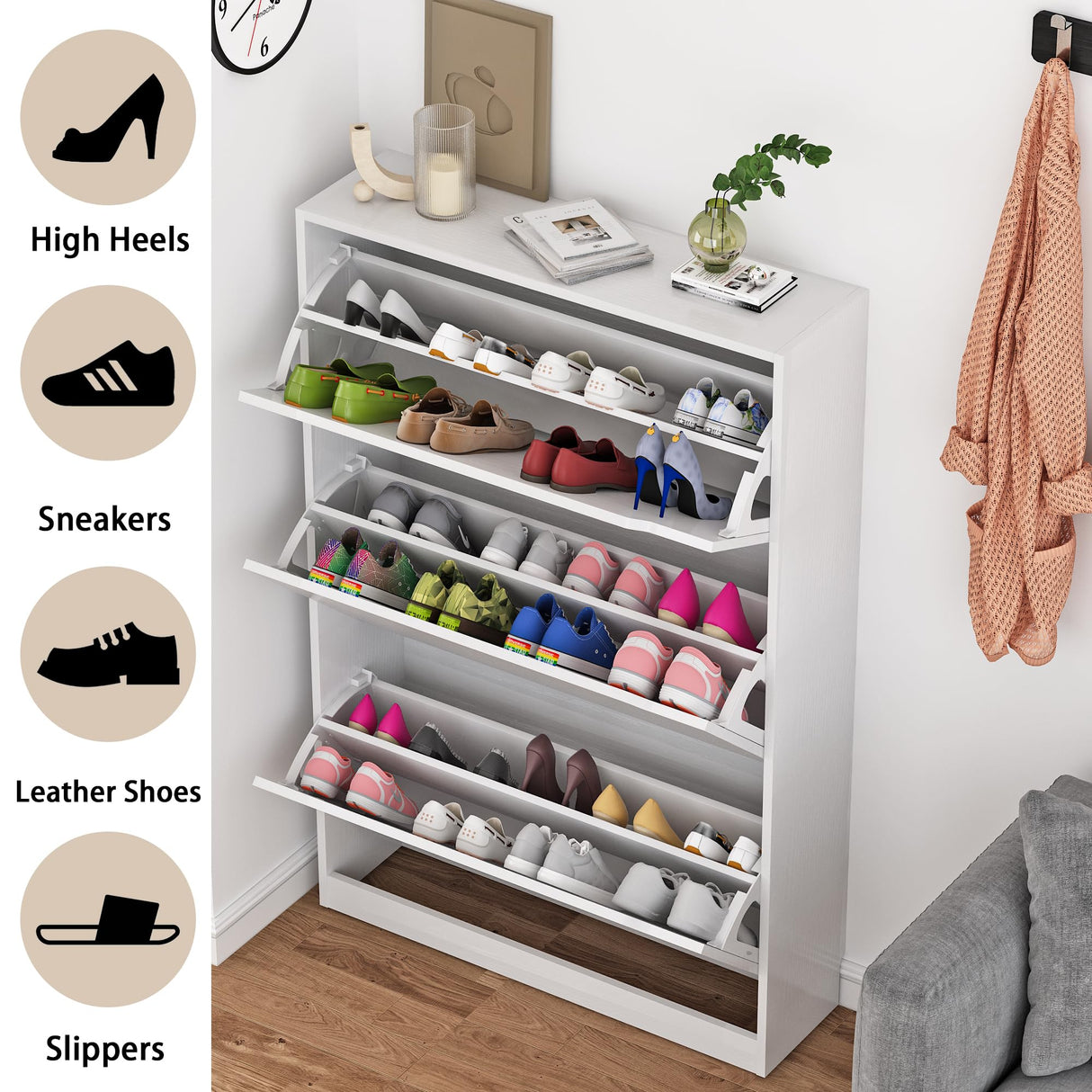 Boonatu Shoe Cabinet Storage for Entryway, Shoe Cabinet Storage with 3 Flip Drawers, Shoe Cabinet for Entryway Slim Space, 3 Tier White Shoe Cabinet Freestanding Wood Shoe Rack for Entryway, Hallway Boonatu