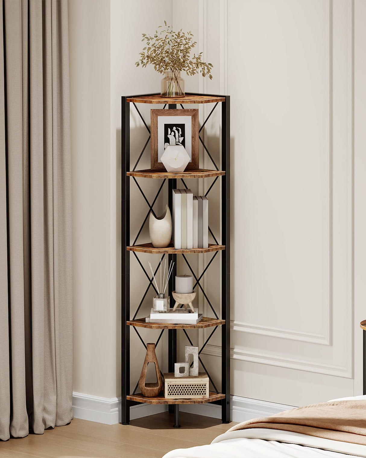 CHOEZON 5-Tier Corner Shelf, Corner Bookcase, 55.2" Tall Vertical Display Rack, Plant Stand, Open Storage Shelf, for Living Room, Bedroom, Study, Kitchen, Rustic Brown and Black TCJ12BF CHOEZON