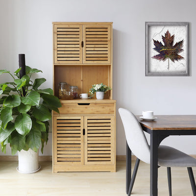 MUPATER 72'' Kitchen Pantry Cabinet Storage Hutch with Microwave Stand, Bamboo Freestanding Pantry Buffet Cabinet with Shelves, Cupboard and Drawer for Home