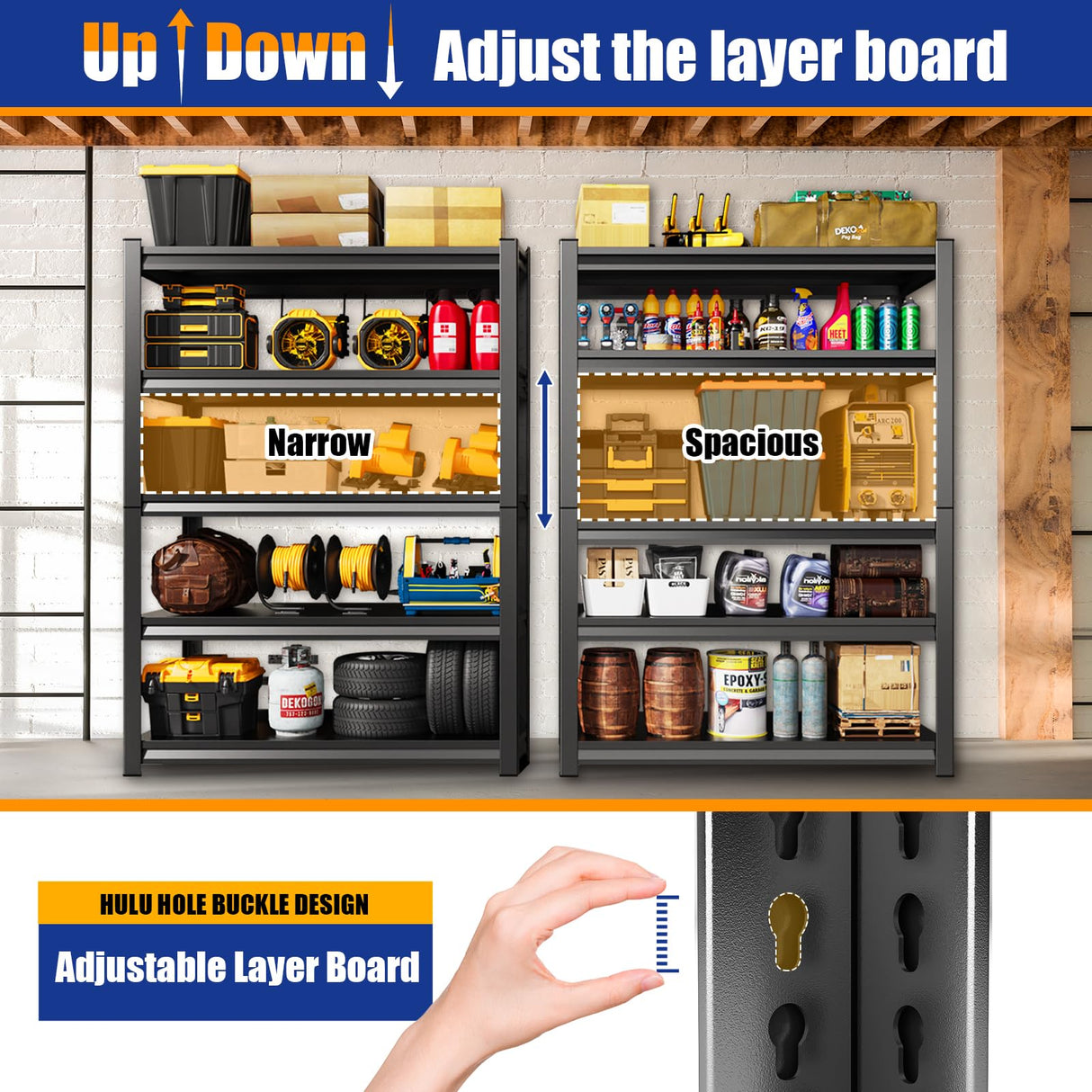 LLIIFFEE Garage Shelving,5 Tier Metal Shelving Unit,Adjustable Storage Shelves Rack,3500LBS Heavy Duty Garage Shelves,Office,Warehouse,Basement,Black (72''H x 59.1''W x 19.7''D) LLIIFFEE