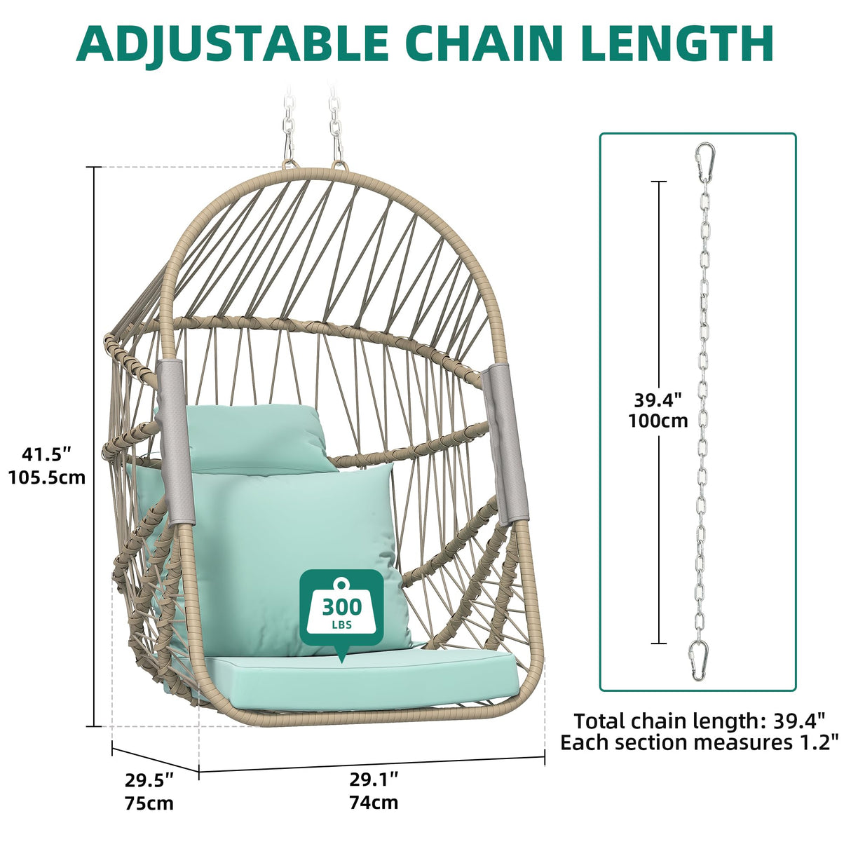 YITAHOME Hanging Egg Chair Without Stand, Rattan Wicker Swing Egg Chair with Resistant Cushion, 350lbs Capacity, Foldable Hanging Basket Chair for Porch, Garden, Bedroom, Balcony - Sky Blue YITAHOME