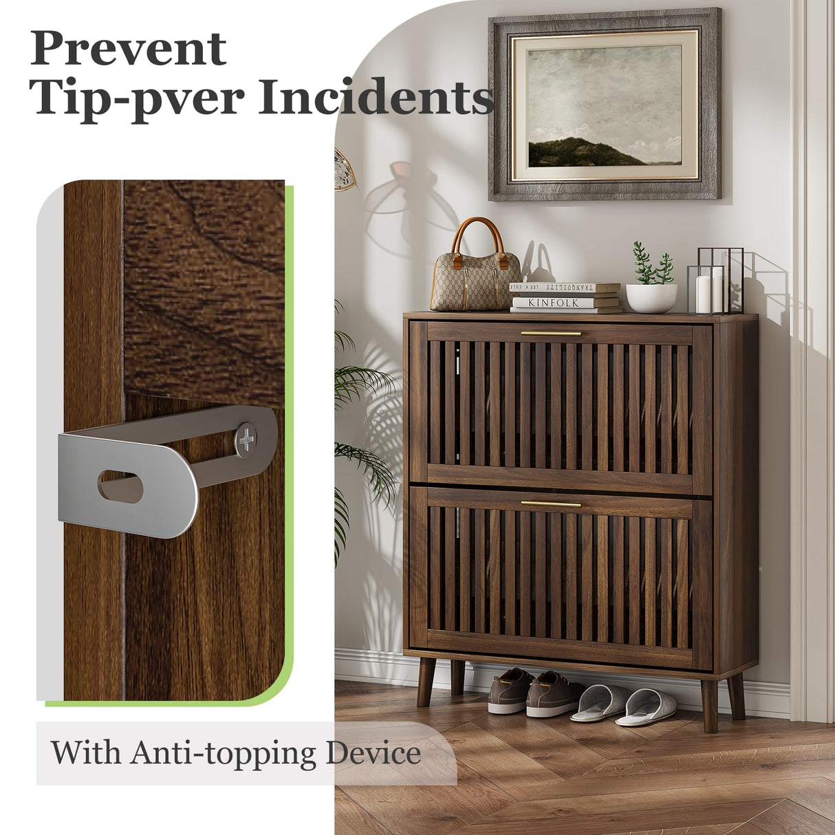 Shoe Cabinet, Shoe Storage Cabinet with Louvered 2 Flip Drawers, Narrow Shoe Cabinet Storage for Entryway, Freestanding Shoe Organizer Cabinet with Golden Handles, Slim Shoe Rack Cabinet (Walnut) Algherohein