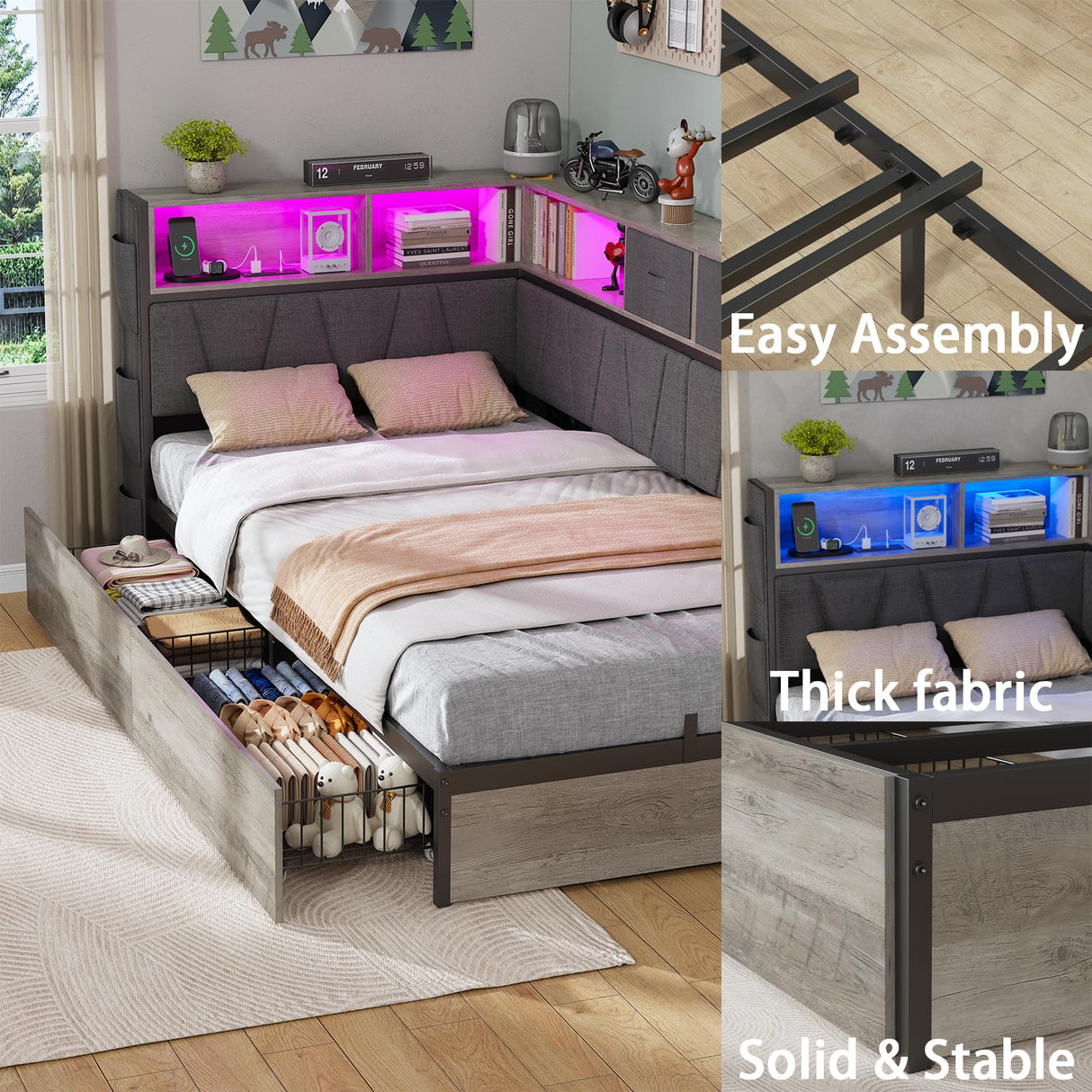 PUNICE Modern Twin XL Corner Bed Frame with Bookcase & LED Lighting - Space-Saving Kids' Platform Bed with Charging Station & 2 Underbed Storage Drawers in Gray (Gray) PUNICE