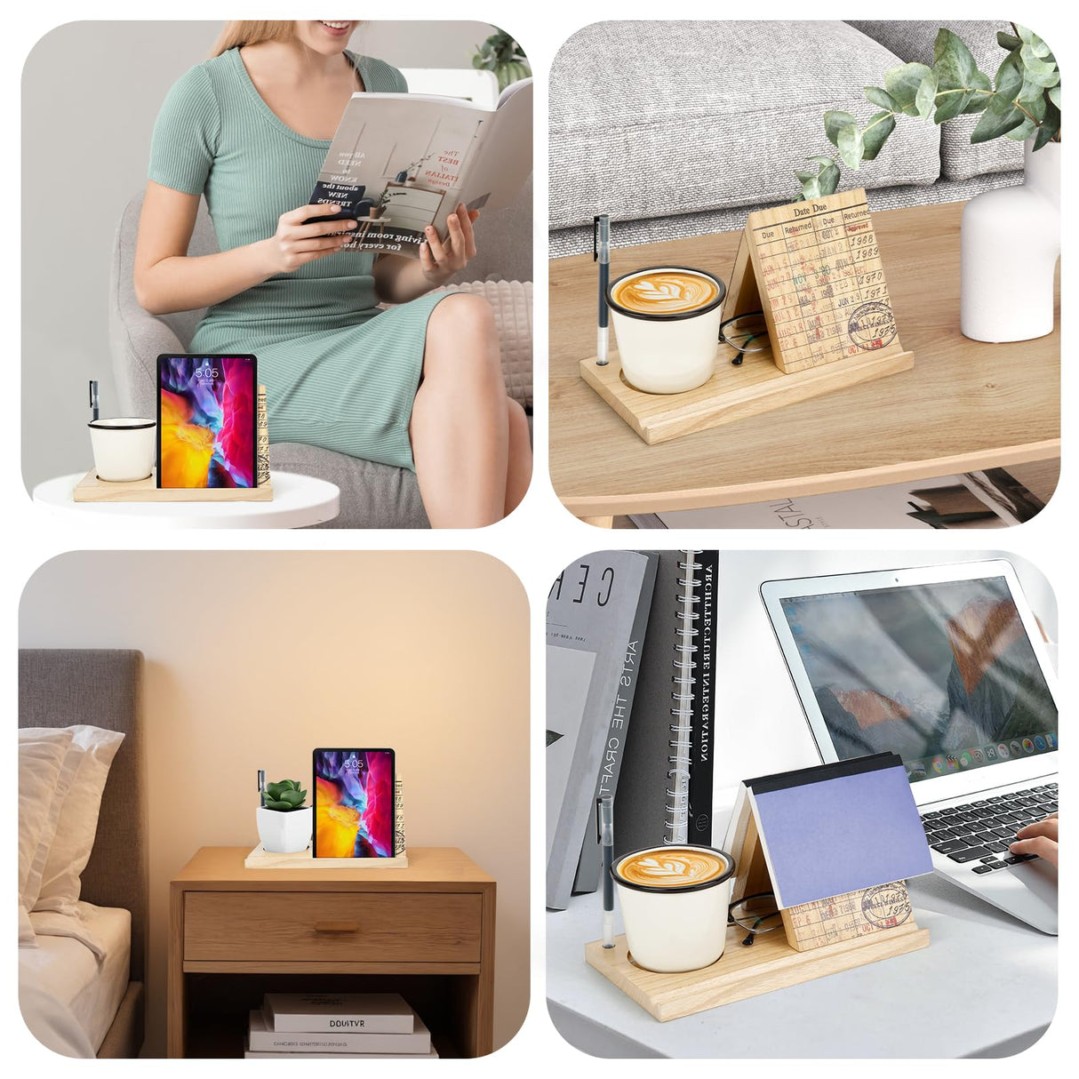 Wooden Triangle Book Stand with Drink Holder, Library Card Design Book Holder Page Rest, Night Stand Book Holder with Pen Slot, Gift for Book Lovers, Readers, Librarians, Writers Tanfeine