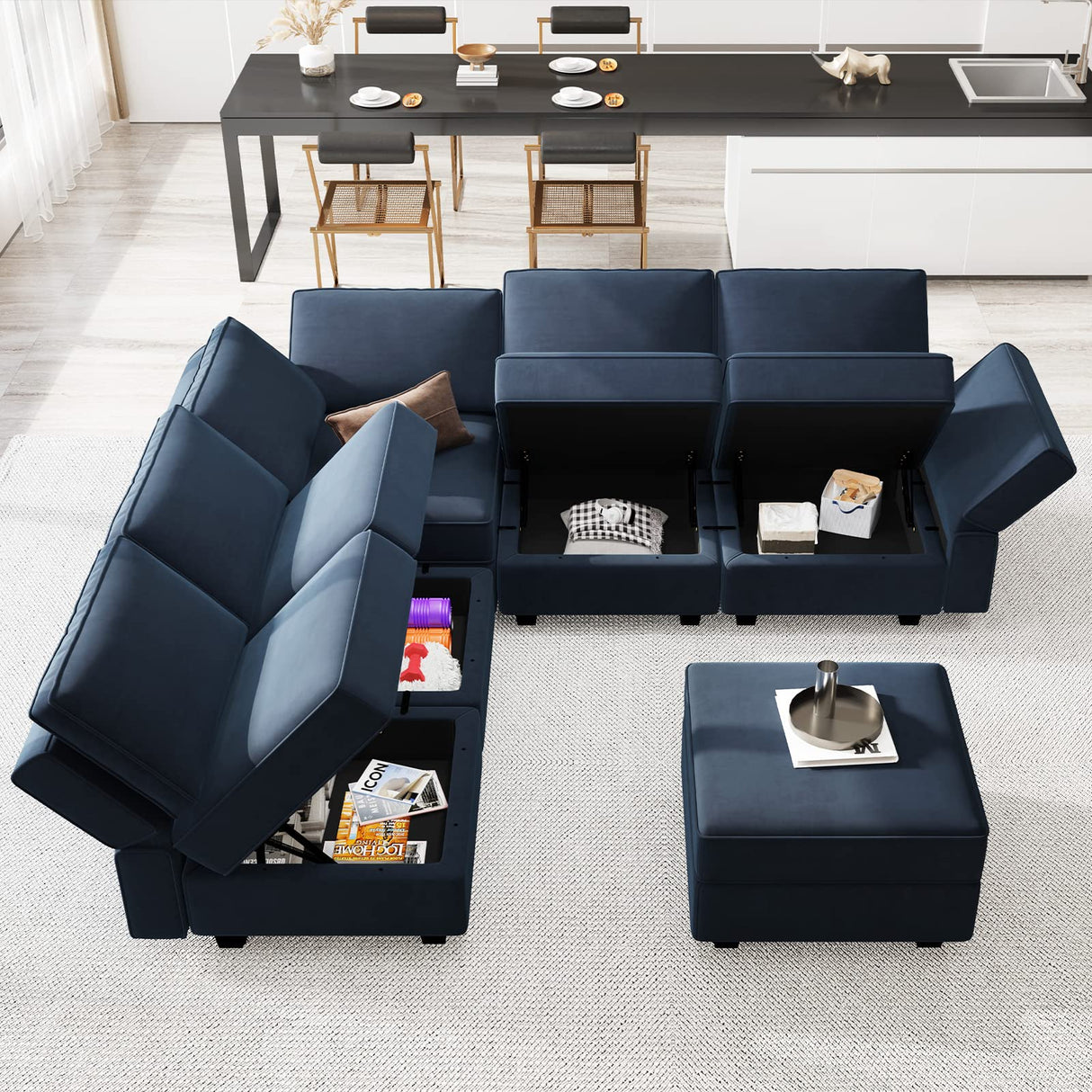 Belffin Modular Sectional Sofa with Storage Seats Velvet L Shaped Corner Couch Convertible Sectional Sofa with Chaise (Blue, L Shape-1)… Belffin