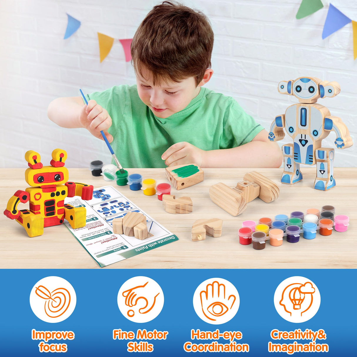 Mocoosy 4 Wooden Robot Toys for Kids Ages 3-5, Building & Painting Your Own Robot Craft Kit with Paints and Stickers, Wood Robot Painting Art Supplies Educational Gift for 6 8 10 12 Years Old Mocoosy