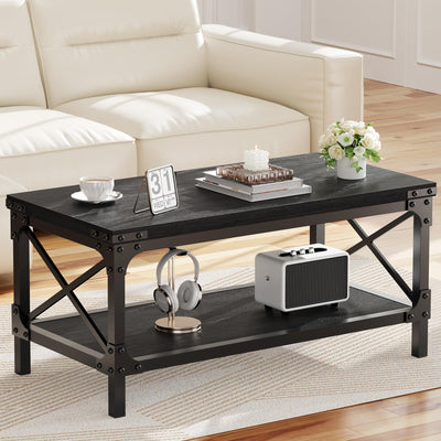 Rectangle Coffee Tables for Living Room, Wood Rectangular Coffee Table, 2 Tier Industrial Modern Center Table with Thickened Tabletop and Metal Frame, 40 inch Long (Black)