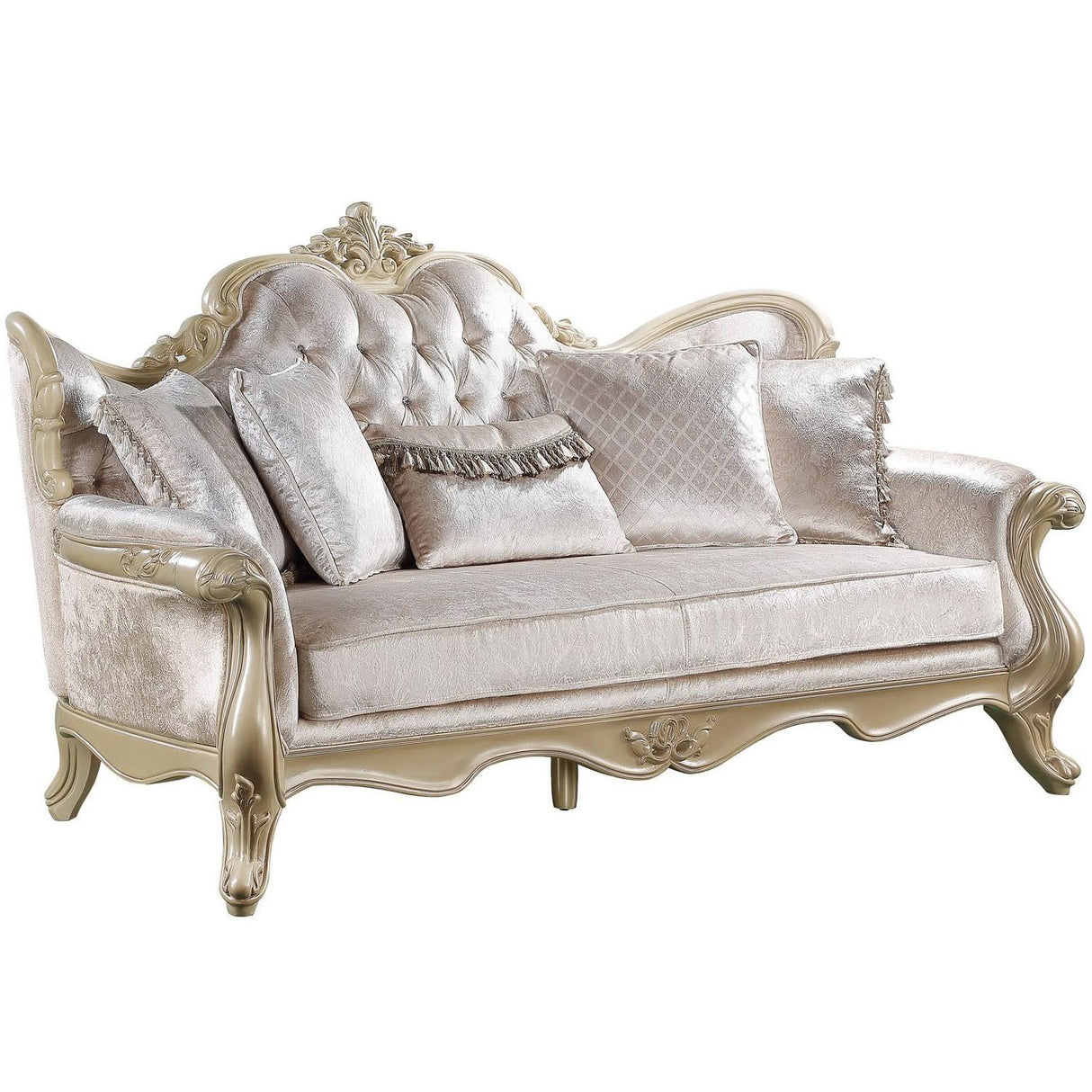 Acme Libertee Upholstered Sofa with 5 Pillows in Beige and Champagne Acme