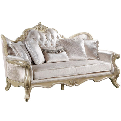 Acme Libertee Upholstered Sofa with 5 Pillows in Beige and Champagne