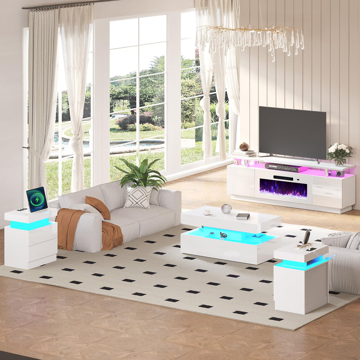 AMERLIFE 5 Piece Modern Living Room Table Set, Includes 70" Fireplace TV Stand, 2-Tier Coffee Table, 2 X Side Tables with Charging Station, LED Media Furniture, White AMERLIFE