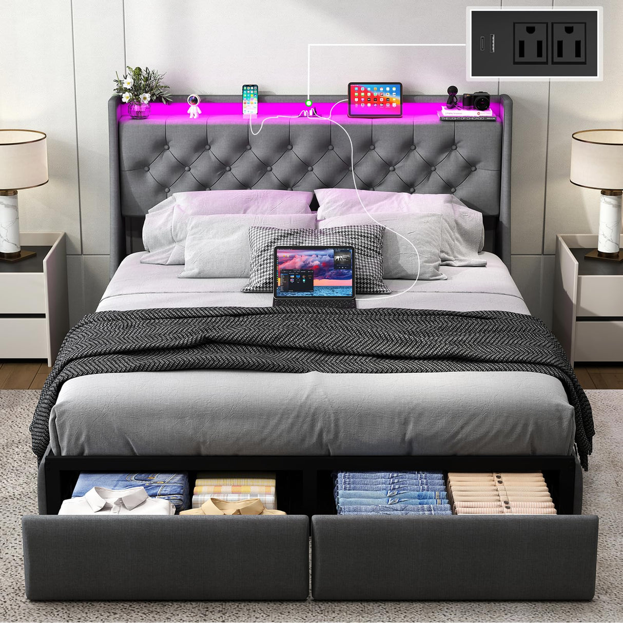 UINTAI Full Size Bed Frame with 2 Storage Drawers and LED Lights, Upholstered Platform Full Bed with Button Tufted Headboard and Charging Station, No Box Spring Needed, Easy Assembly, Gray UINTAI