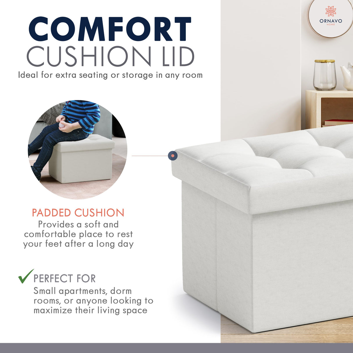 Ornavo Home Small Storage Ottoman Foldable Collapsible Rectangle Linen Ottoman Foot Rest Stool Seat, for Living Room, Bedroom, Home Office, Dorm - 12 x 16 x 12, White Ornavo Home