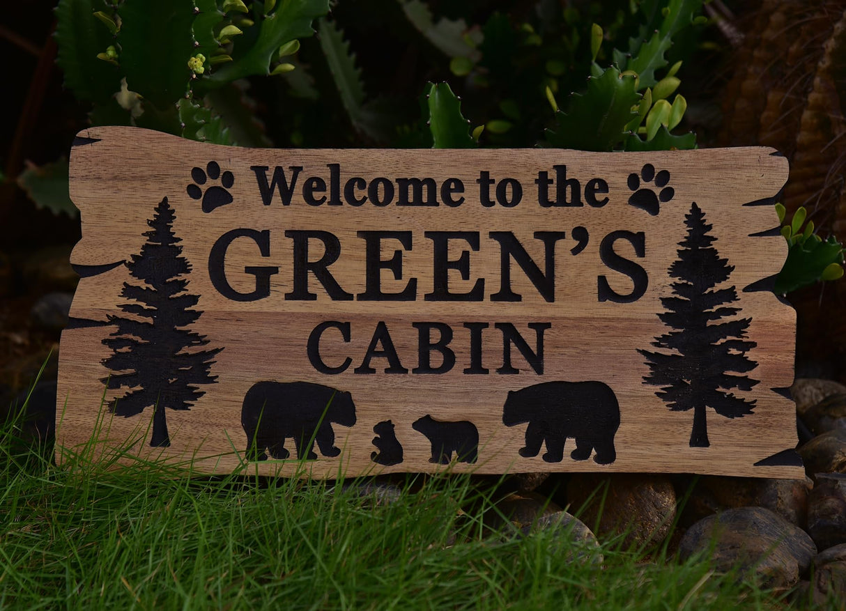 Custom Cabin Sign Custom Wood Sign, Personalized Bear Family In Woods Cabin Signs, Welcome Sign, Large Outdoor Wooden Last Name Sign, Lake House Generic