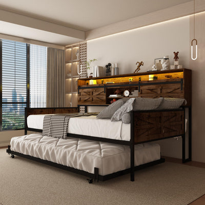 Daybed with Trundle and LED Light, Farmhouse Twin Daybed Frame with Storage Headboard & Charging Station, Heavy Duty Metal Day Bed with Sliding Barn Door for Living Room,Bedroom (Rustic Brown, Twin)