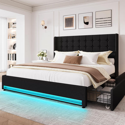 LARMACE King Size Bed Frame with Storage Drawers and Wingback Headboard Velvet Upholstered Platform Bed Frame Tufted Beds with Led Lights, Heavy Duty, No Box Spring Needed, Easy Assembly, Black