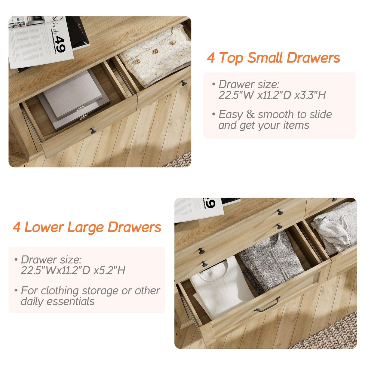 WAMPAT 8 Drawers Dresser for Bedroom, Farmhouse Dresser Chest of Drawers, Light Wood Kids Dresser for Closet, Dressers Organizer for Living Room & Hallway, 54 Inch, Oak WAMPAT