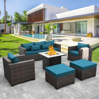 Valita 6 PCS Patio Furniture Set Outdoor Sectional Wicker Conversation Couch Brown Rattan Sofa Chairs with Ottoman 50,000BTU Adjustable Fire Pit Table and Peacock Blue Anti-Slip Cushions