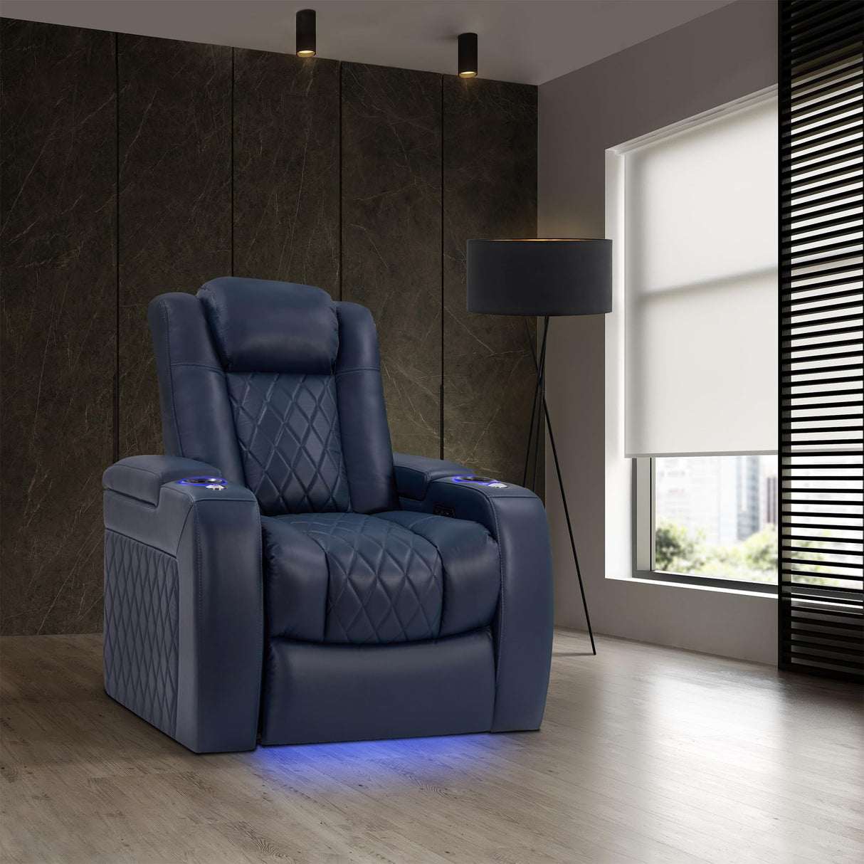 Valencia Tuscany Home Theater Seating | Premium Top Grain Italian Nappa 11000 Leather Power Recliner with Power Lumbar Support & Headrest (Single Recliner, Navy Blue) VALENCIA THEATER SEATING