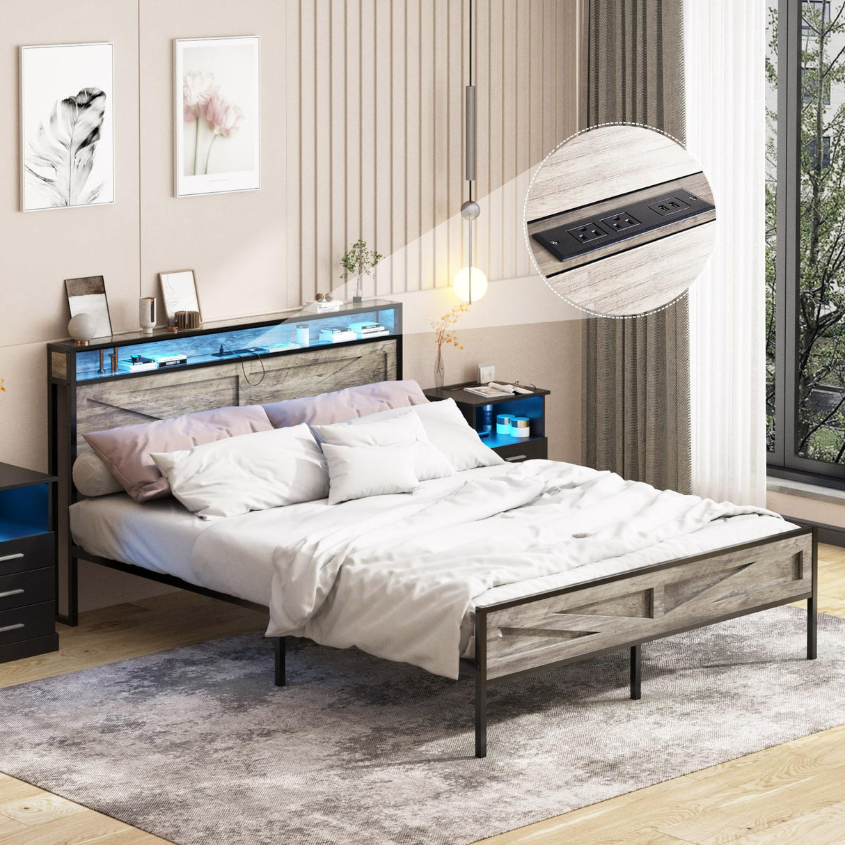 Halitaa King Size LED Bed Frame with Charging Station and Storage - Wash Grey Halitaa