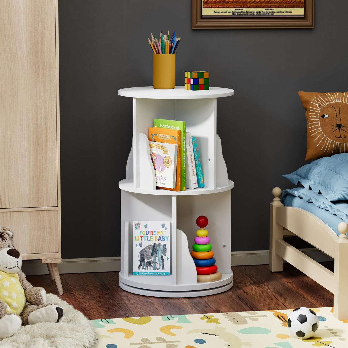 Furniwell 4-Tier Rotating Bookshelf and Bookcase, 360° Display Stackable Spinning Book Shelf Tower with Raffle, Floor Standing Corner Shelf for Living Room, Study Room(16" W*16" D*51" H) Furniwell