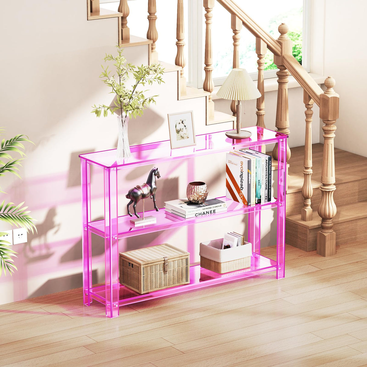 solaround Acrylic Console Table, 3 Tier Entryway Table with Storage Shelves (Pink) solaround