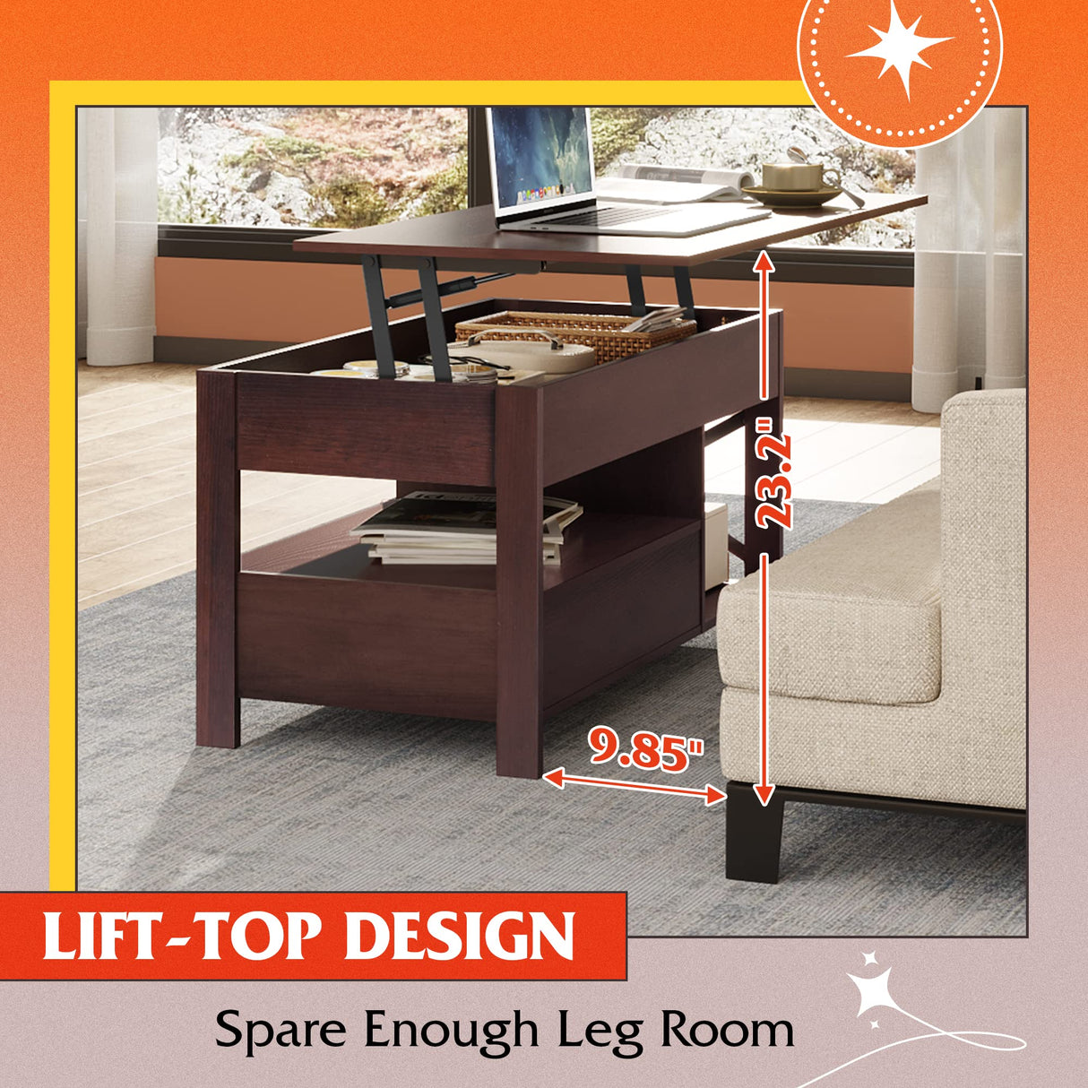 WLIVE Lift Top Coffee Table, 39" Coffee Table with Storage Drawers, Hidden Compartment, Wooden Lift Tabletop Center Table for Living Room, Home, Rustic Oak WLIVE