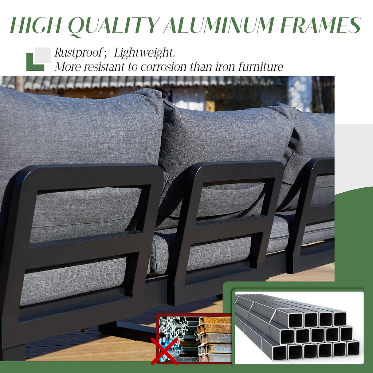 LUXOAK 6-Piece Patio Furniture Sets, Outdoor Aluminum Furniture Sofa, with Wood Side Table & Washable Cushions LUXOAK