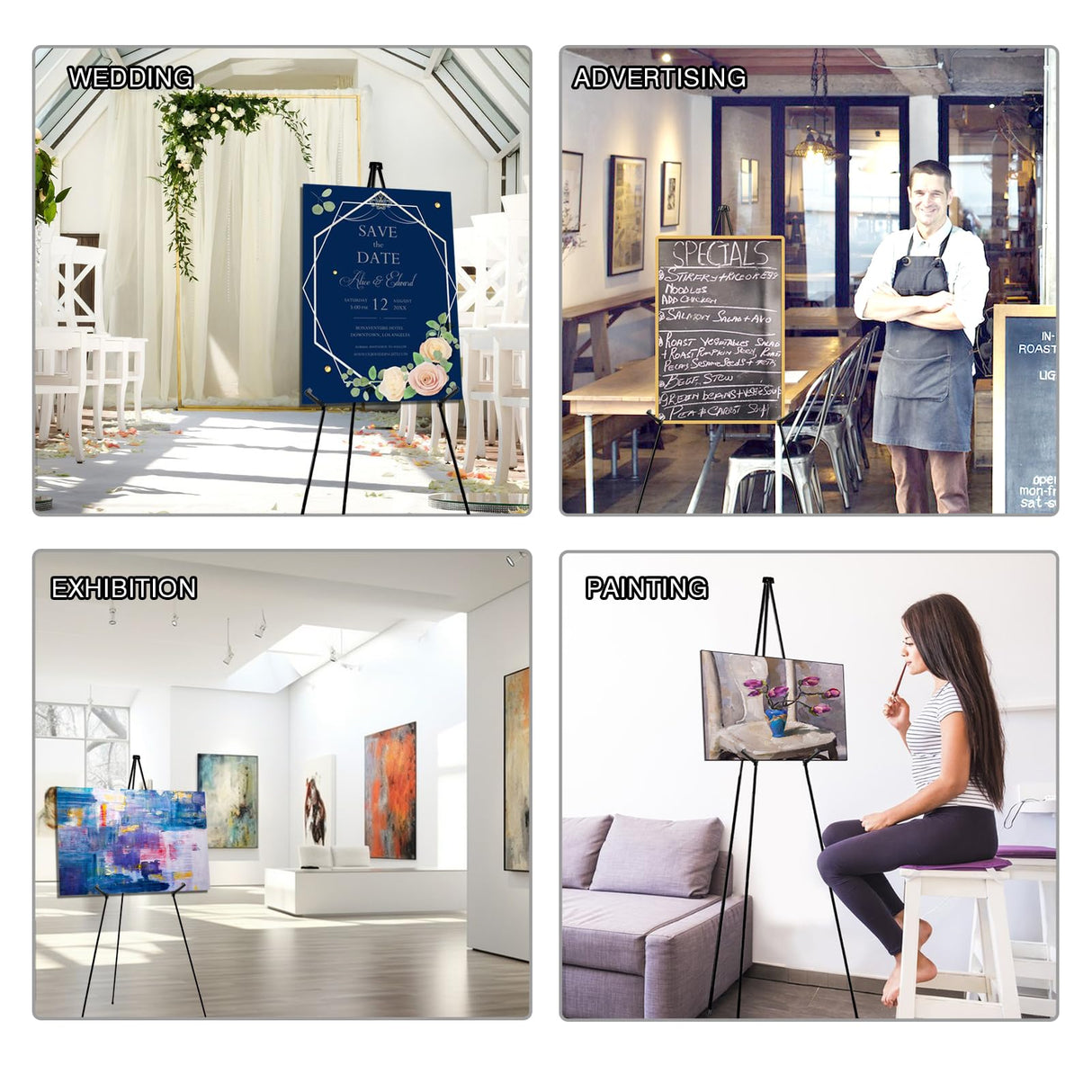 AROIC 63" Easel Stand for Display, 3 Pack Portable Foldable Metal Easel, Easels for Signs Wedding Logos,Arts, Painting,Adjustable Floor Easels with 3 Storage Bag AROIC