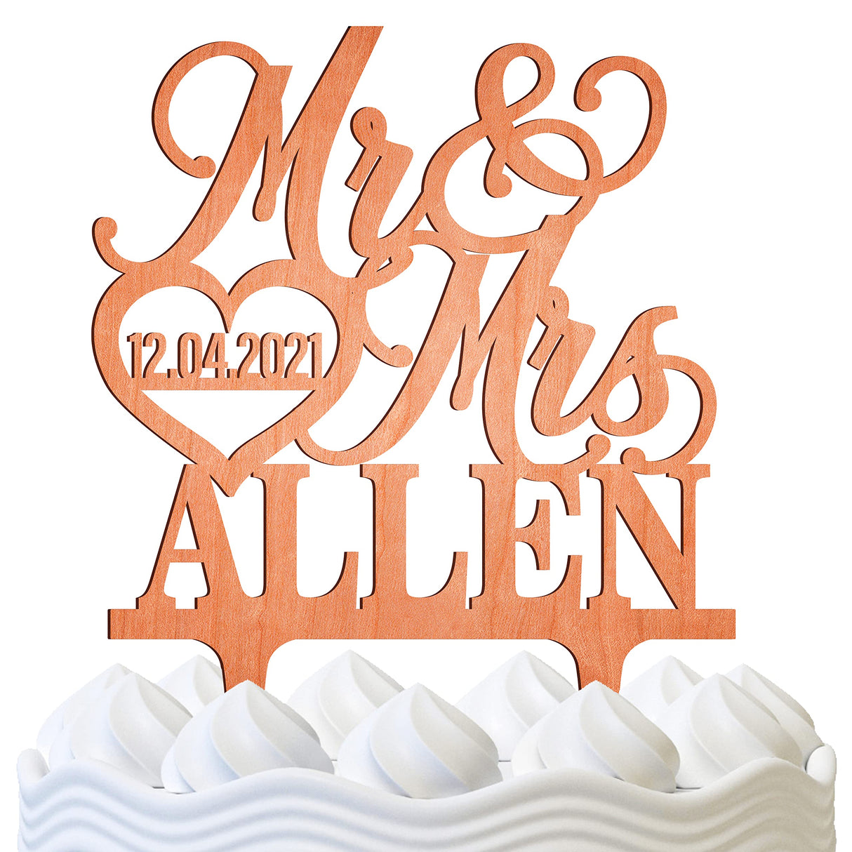 Personalized Wedding Cake Topper - Wedding Cake Decoration, Elegant Customized Mr Mrs Wedding Cake Topper, Last Name & Date w/Heart - Wood Colors PersonalizedGiftLand