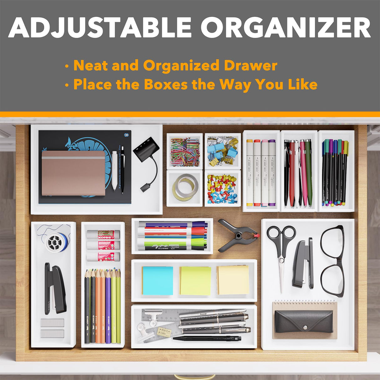 SpaceAid 14-Piece Bamboo Drawer Organizer Storage Boxes Set, Wood Tray Junk Drawer Organizers Multi-Use Divider Bins for Kitchen, Bathroom, Office Desk and Makeup Organization (14 Pack, White) SpaceAid