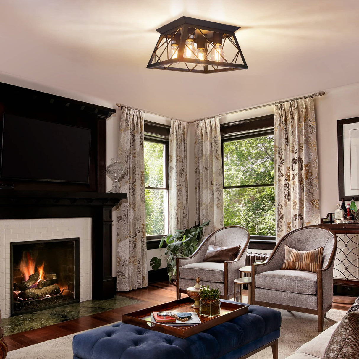 FadimiKoo 4-Light Black Flush Mount Ceiling Light for Kitchen Hallway, Industrial Close to Ceiling Lighting, Farmhouse Square Cage Lamp for Dining Room, Living Room, Bulb Not Included FadimiKoo