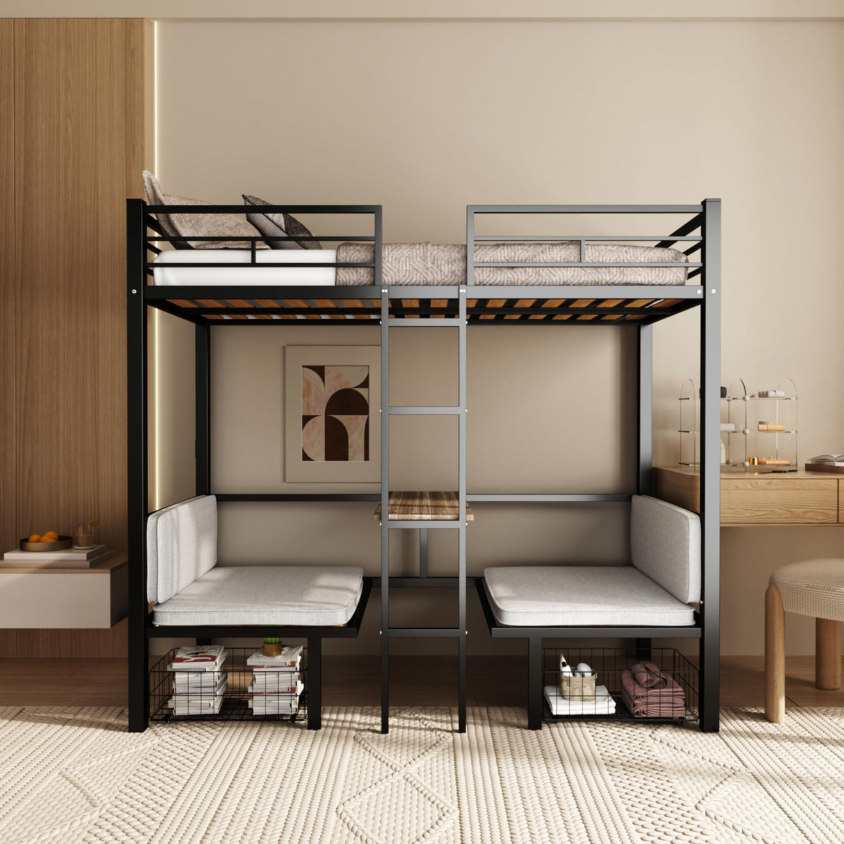 PVWIIK Twin Size Loft Bed with Desk for Dormitory,Living Room,Bedroom,Metal Bed Frame w/Wood Slats Support/Table Sets Transformable to Twin Over Twin Bunk Bed,Black(Cushion Not Included) PVWIIK