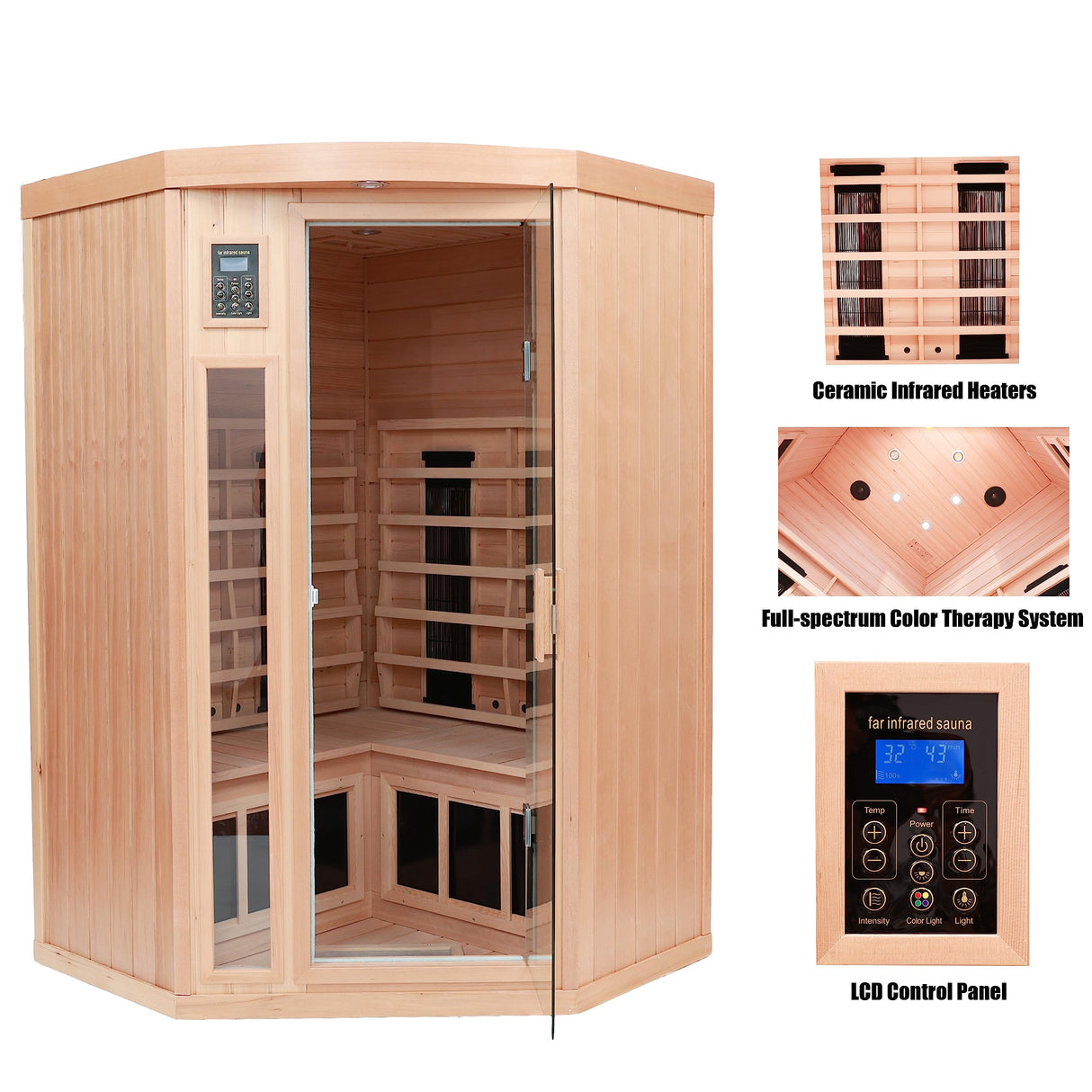 KUNSANA Ceramic Infrared Sauna 2 Person Far Infrared Sauna Low EMF Indoor Saunas for Home Hemlock Wooden Sauna Room with Bluetooth Speakers, LED Reading Lamps, Chromotherapy Lights KUNSANA