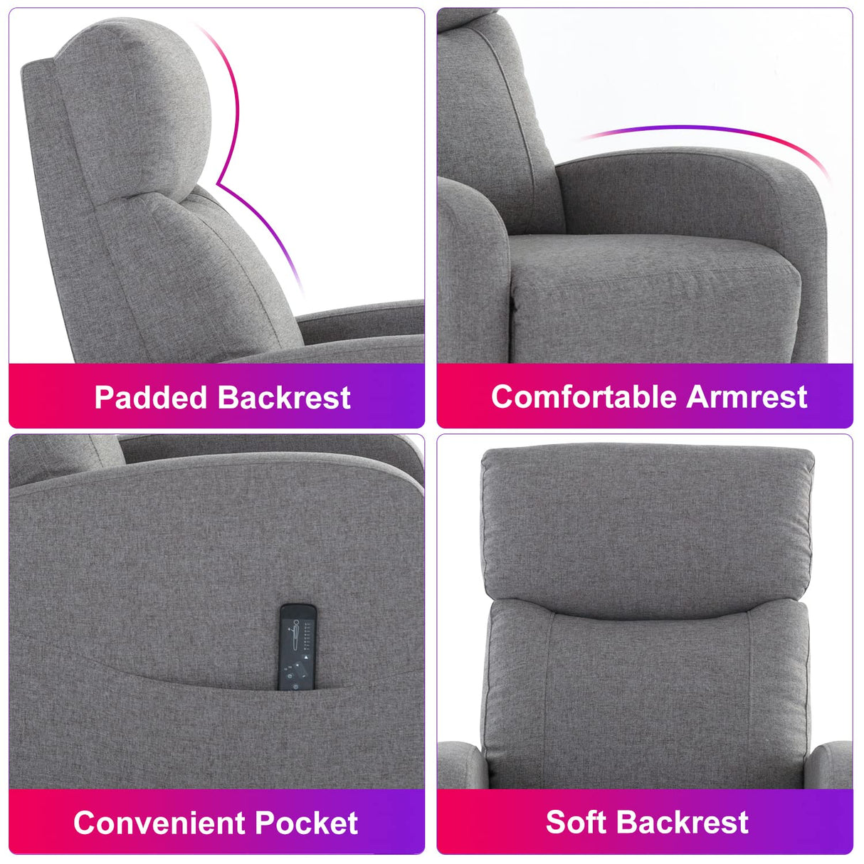 Zanzio Massage Modern Adjustable Heated Recliner Home Theater Single Sofa Chair Lounge with Padded Seat, Grey Zanzio