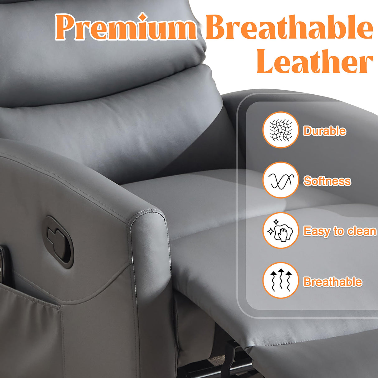 Manual Swivel Rocker Recliner Chair with Massage, Overstuffed Recliner Glider with Vibration Massage and Heat for Nursery, Living Room Reclining Sofa Chair, PU Leather Gray Luxlen