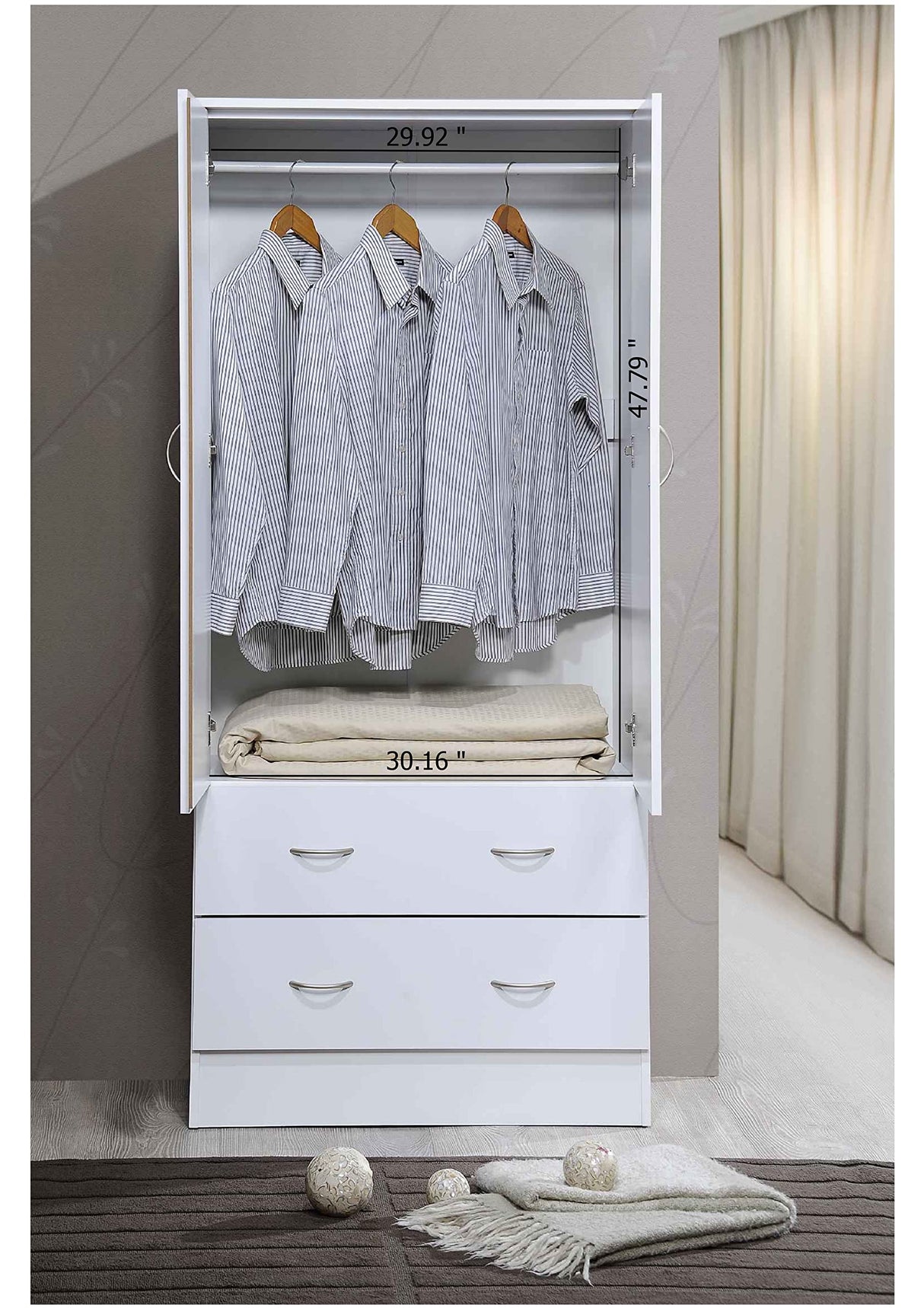 HODEDAH 2 Door Wood Wardrobe Bedroom Closet with Clothing Rod inside Cabinet, 2 Drawers for Storage and Mirror, White Hodedah