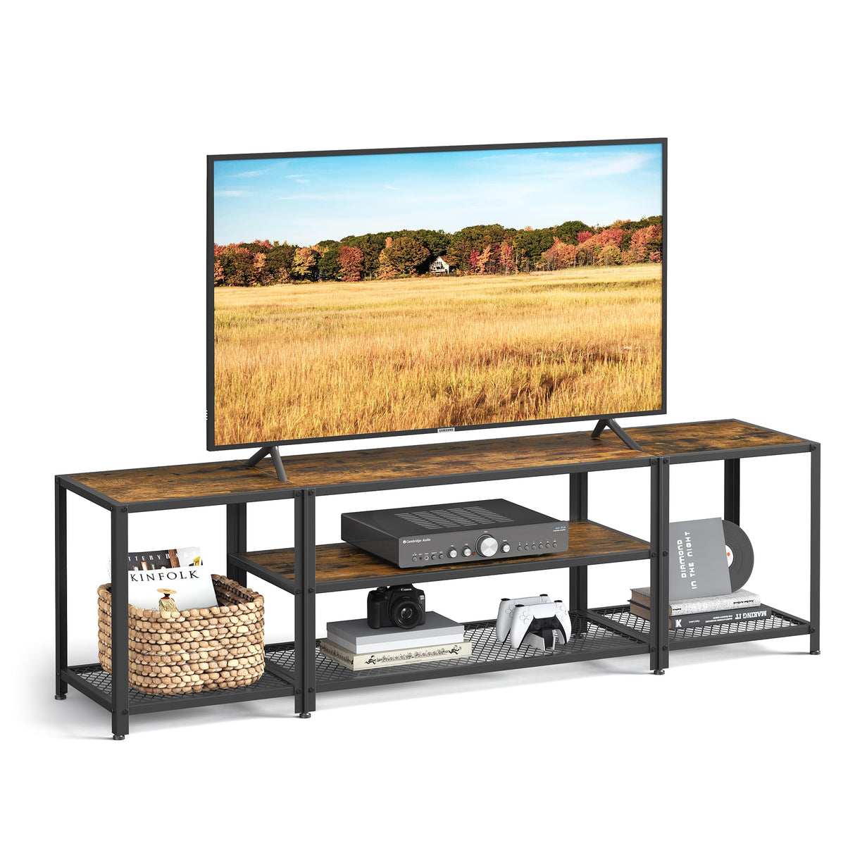 VASAGLE Modern TV Stand for TVs up to 75 Inches, 3-Tier Entertainment Center, Industrial TV Console Table with Open Storage Shelves, for Living Room, Bedroom, Rustic Brown and Black ULTV098B01 VASAGLE